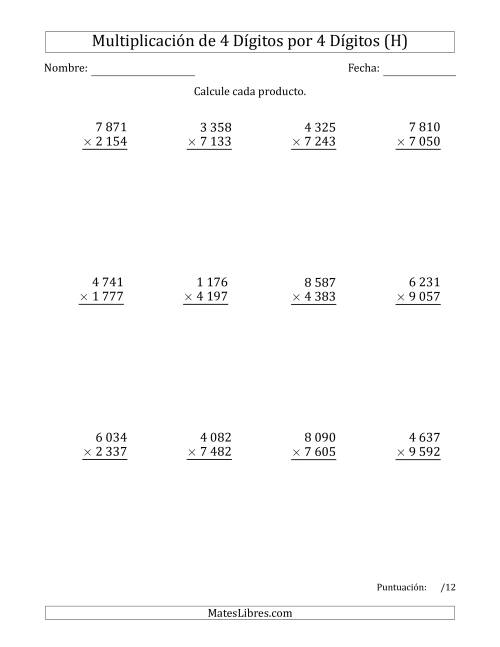 La hoja de ejercicios de Multiplicar Números de 4 Dígitos por 4 Dígitos Usando Espacios como Separadores de Millares (H)