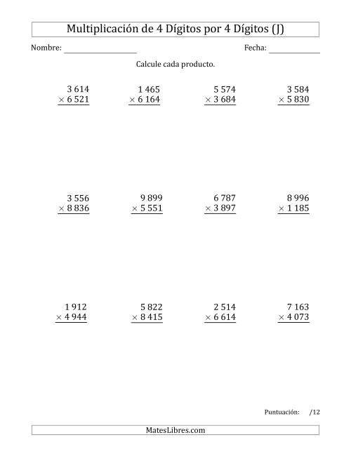 La hoja de ejercicios de Multiplicar Números de 4 Dígitos por 4 Dígitos Usando Espacios como Separadores de Millares (J)