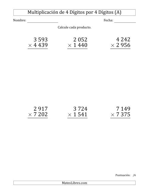 La hoja de ejercicios de Multiplicar Números de 4 Dígitos por 4 Dígitos (Formato Grande) Usando Espacios como Separadores de Millares (A)