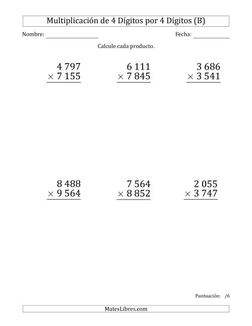 La hoja de ejercicios de Multiplicar Números de 4 Dígitos por 4 Dígitos (Formato Grande) Usando Espacios como Separadores de Millares (B)