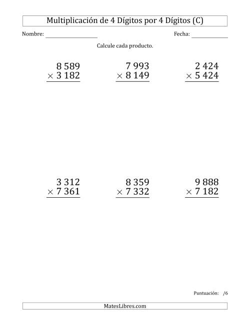 La hoja de ejercicios de Multiplicar Números de 4 Dígitos por 4 Dígitos (Formato Grande) Usando Espacios como Separadores de Millares (C)