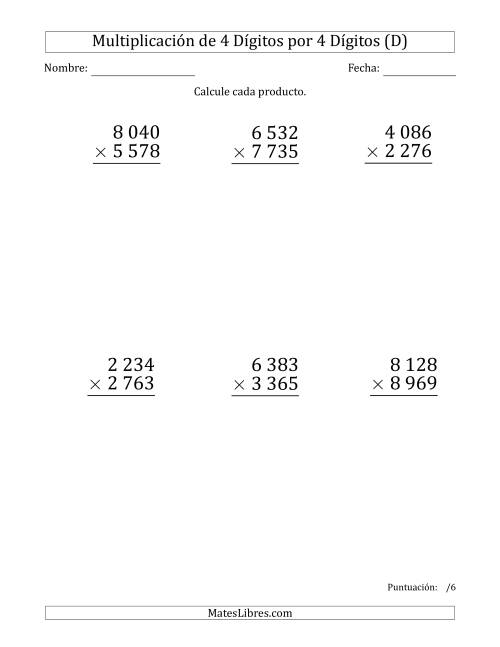 La hoja de ejercicios de Multiplicar Números de 4 Dígitos por 4 Dígitos (Formato Grande) Usando Espacios como Separadores de Millares (D)
