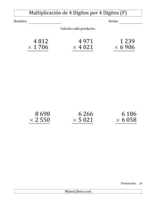 La hoja de ejercicios de Multiplicar Números de 4 Dígitos por 4 Dígitos (Formato Grande) Usando Espacios como Separadores de Millares (F)
