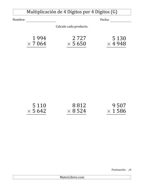 La hoja de ejercicios de Multiplicar Números de 4 Dígitos por 4 Dígitos (Formato Grande) Usando Espacios como Separadores de Millares (G)