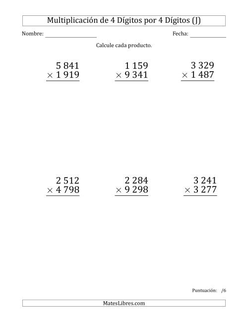 La hoja de ejercicios de Multiplicar Números de 4 Dígitos por 4 Dígitos (Formato Grande) Usando Espacios como Separadores de Millares (J)