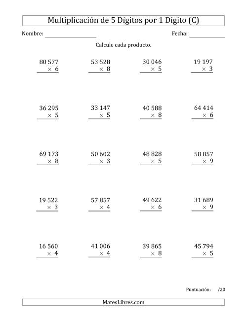 La hoja de ejercicios de Multiplicar Números de 5 Dígitos por 1 Dígito Usando Espacios como Separadores de Millares (C)