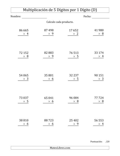 La hoja de ejercicios de Multiplicar Números de 5 Dígitos por 1 Dígito Usando Espacios como Separadores de Millares (D)