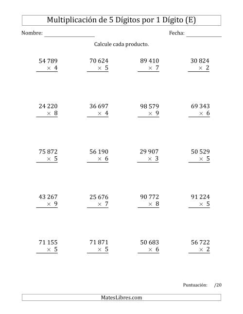 La hoja de ejercicios de Multiplicar Números de 5 Dígitos por 1 Dígito Usando Espacios como Separadores de Millares (E)