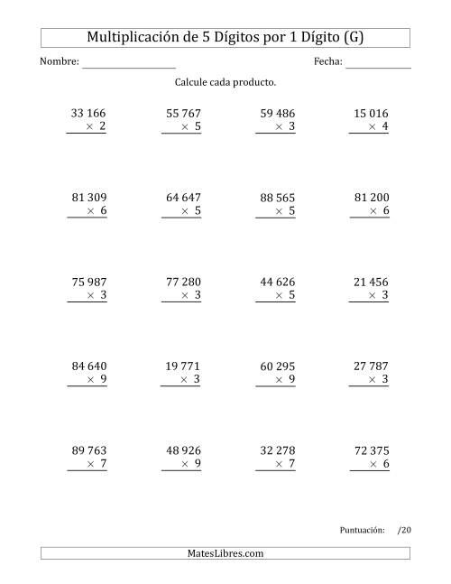 La hoja de ejercicios de Multiplicar Números de 5 Dígitos por 1 Dígito Usando Espacios como Separadores de Millares (G)
