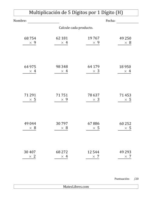 La hoja de ejercicios de Multiplicar Números de 5 Dígitos por 1 Dígito Usando Espacios como Separadores de Millares (H)