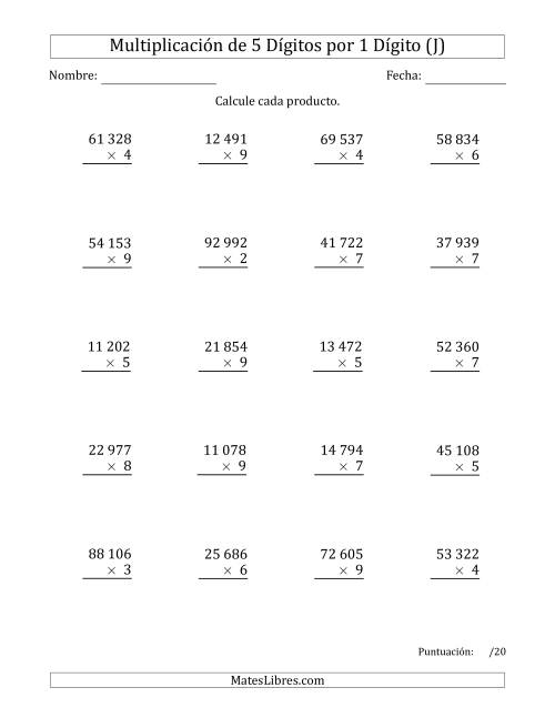 La hoja de ejercicios de Multiplicar Números de 5 Dígitos por 1 Dígito Usando Espacios como Separadores de Millares (J)
