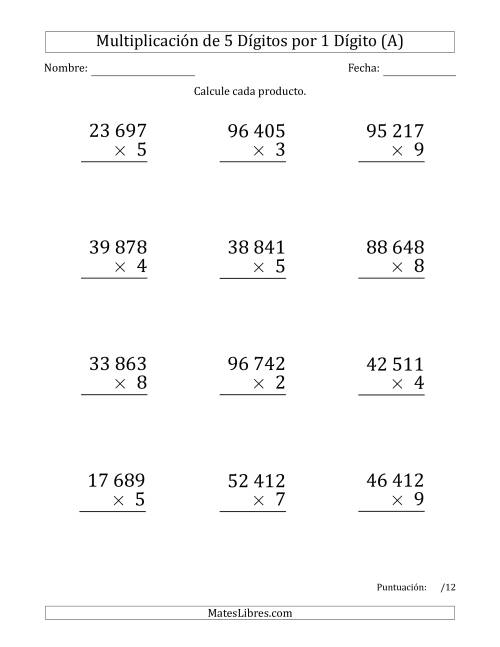 La hoja de ejercicios de Multiplicar Números de 5 Dígitos por 1 Dígito (Formato Grande) Usando Espacios como Separadores de Millares (A)