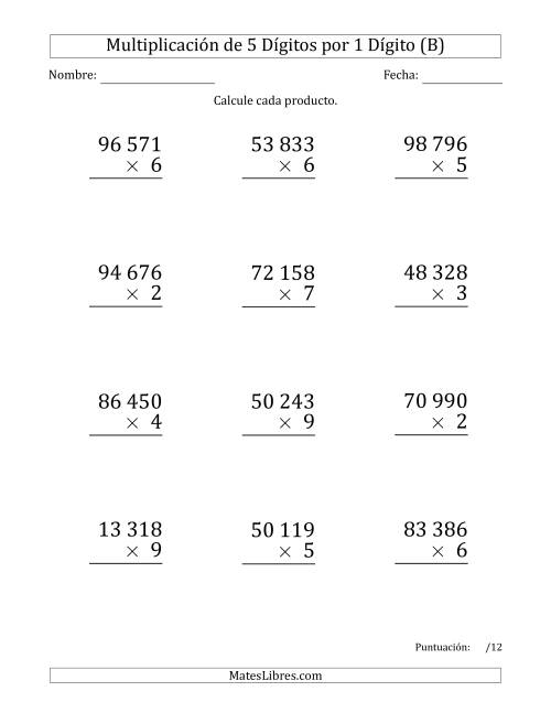 La hoja de ejercicios de Multiplicar Números de 5 Dígitos por 1 Dígito (Formato Grande) Usando Espacios como Separadores de Millares (B)