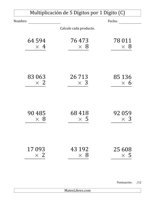 La hoja de ejercicios de Multiplicar Números de 5 Dígitos por 1 Dígito (Formato Grande) Usando Espacios como Separadores de Millares (C)