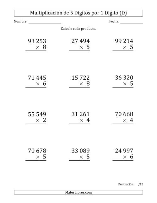 La hoja de ejercicios de Multiplicar Números de 5 Dígitos por 1 Dígito (Formato Grande) Usando Espacios como Separadores de Millares (D)
