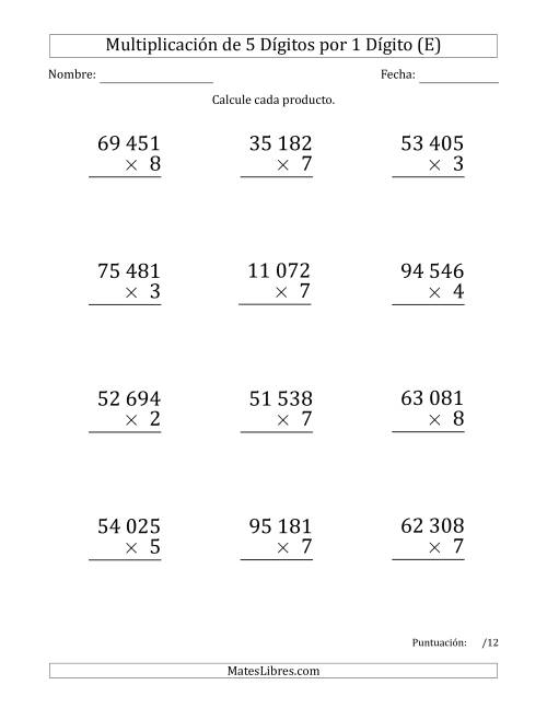 La hoja de ejercicios de Multiplicar Números de 5 Dígitos por 1 Dígito (Formato Grande) Usando Espacios como Separadores de Millares (E)