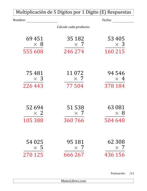 La hoja de ejercicios de Multiplicar Números de 5 Dígitos por 1 Dígito (Formato Grande) Usando Espacios como Separadores de Millares (E) Página 2