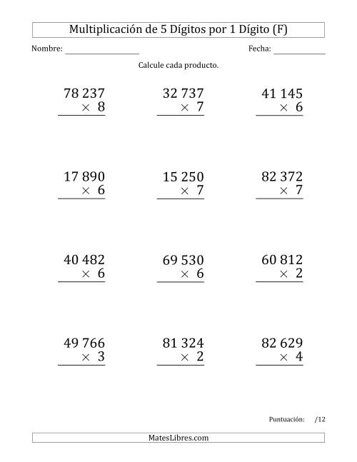 La hoja de ejercicios de Multiplicar Números de 5 Dígitos por 1 Dígito (Formato Grande) Usando Espacios como Separadores de Millares (F)