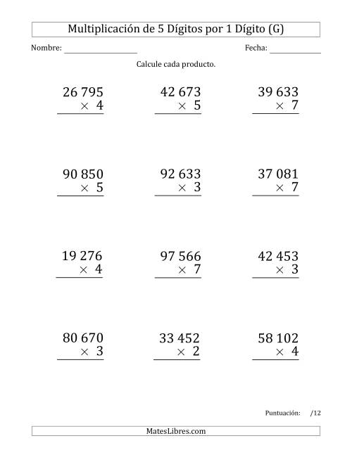 La hoja de ejercicios de Multiplicar Números de 5 Dígitos por 1 Dígito (Formato Grande) Usando Espacios como Separadores de Millares (G)