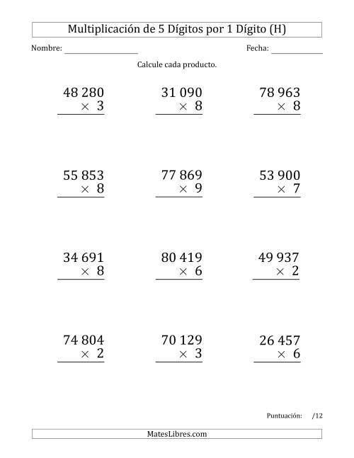 La hoja de ejercicios de Multiplicar Números de 5 Dígitos por 1 Dígito (Formato Grande) Usando Espacios como Separadores de Millares (H)