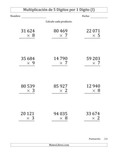 La hoja de ejercicios de Multiplicar Números de 5 Dígitos por 1 Dígito (Formato Grande) Usando Espacios como Separadores de Millares (I)
