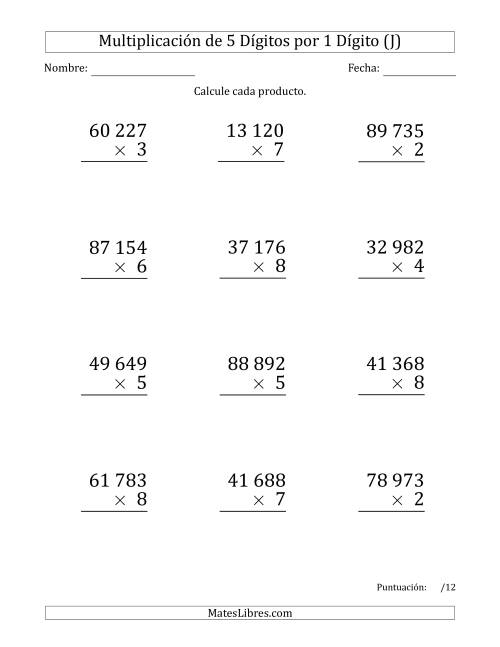 La hoja de ejercicios de Multiplicar Números de 5 Dígitos por 1 Dígito (Formato Grande) Usando Espacios como Separadores de Millares (J)