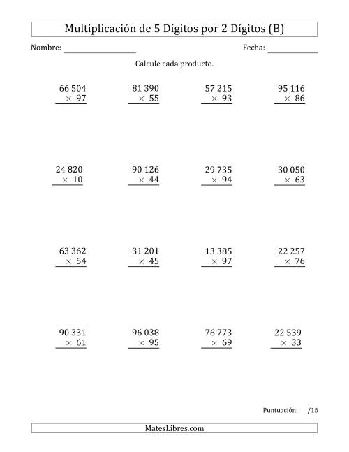 La hoja de ejercicios de Multiplicar Números de 5 Dígitos por 2 Dígitos Usando Espacios como Separadores de Millares (B)