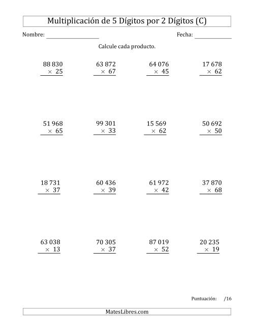 La hoja de ejercicios de Multiplicar Números de 5 Dígitos por 2 Dígitos Usando Espacios como Separadores de Millares (C)