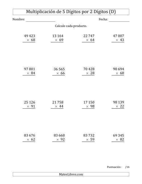 La hoja de ejercicios de Multiplicar Números de 5 Dígitos por 2 Dígitos Usando Espacios como Separadores de Millares (D)