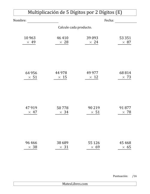 La hoja de ejercicios de Multiplicar Números de 5 Dígitos por 2 Dígitos Usando Espacios como Separadores de Millares (E)
