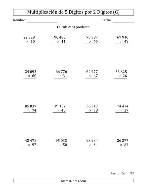 La hoja de ejercicios de Multiplicar Números de 5 Dígitos por 2 Dígitos Usando Espacios como Separadores de Millares (G)