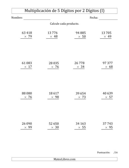 La hoja de ejercicios de Multiplicar Números de 5 Dígitos por 2 Dígitos Usando Espacios como Separadores de Millares (I)