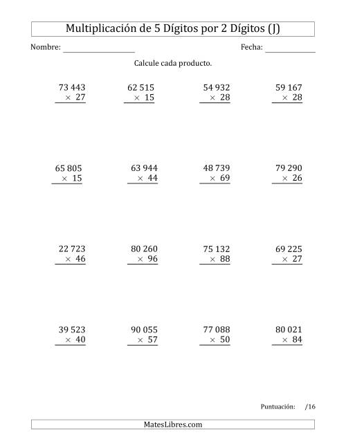 La hoja de ejercicios de Multiplicar Números de 5 Dígitos por 2 Dígitos Usando Espacios como Separadores de Millares (J)