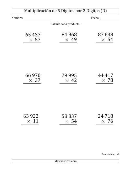 La hoja de ejercicios de Multiplicar Números de 5 Dígitos por 2 Dígitos (Formato Grande) Usando Espacios como Separadores de Millares (D)