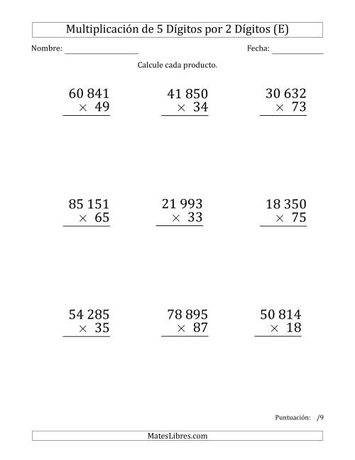 La hoja de ejercicios de Multiplicar Números de 5 Dígitos por 2 Dígitos (Formato Grande) Usando Espacios como Separadores de Millares (E)
