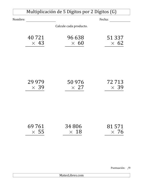 La hoja de ejercicios de Multiplicar Números de 5 Dígitos por 2 Dígitos (Formato Grande) Usando Espacios como Separadores de Millares (G)