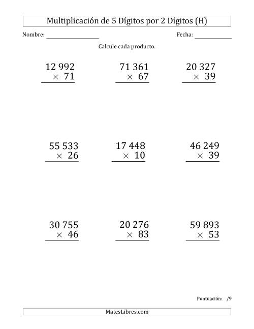 La hoja de ejercicios de Multiplicar Números de 5 Dígitos por 2 Dígitos (Formato Grande) Usando Espacios como Separadores de Millares (H)