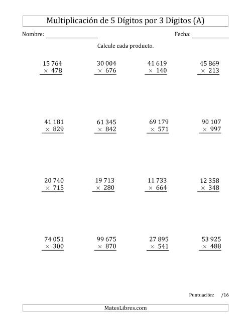 La hoja de ejercicios de Multiplicar Números de 5 Dígitos por 3 Dígitos Usando Espacios como Separadores de Millares (A)