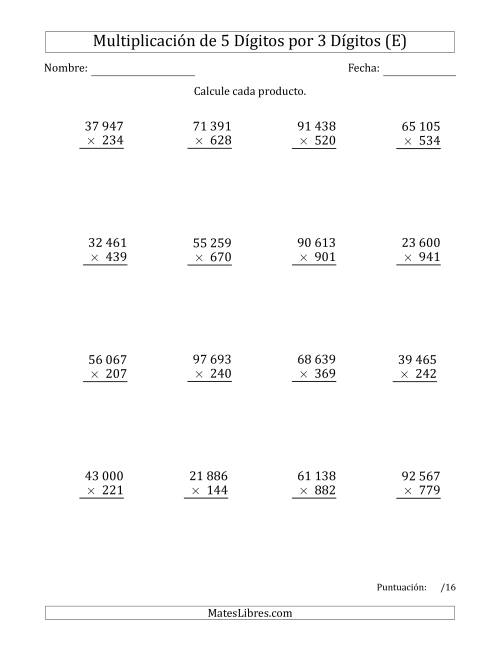 La hoja de ejercicios de Multiplicar Números de 5 Dígitos por 3 Dígitos Usando Espacios como Separadores de Millares (E)