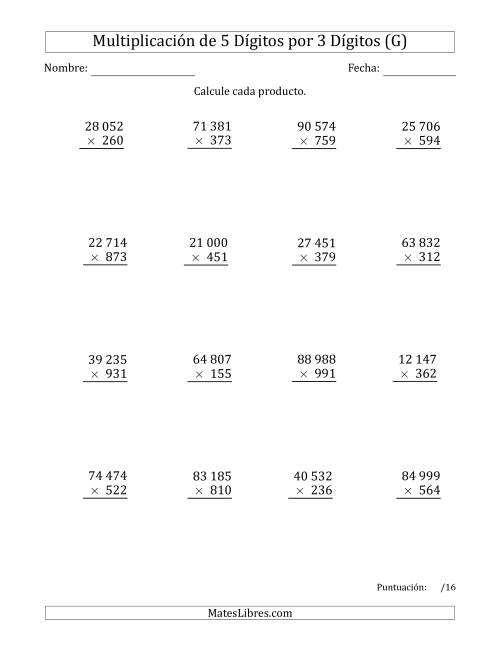 La hoja de ejercicios de Multiplicar Números de 5 Dígitos por 3 Dígitos Usando Espacios como Separadores de Millares (G)