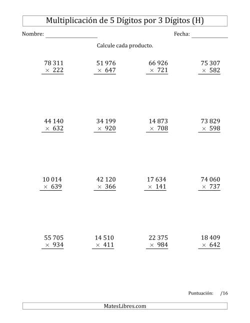 La hoja de ejercicios de Multiplicar Números de 5 Dígitos por 3 Dígitos Usando Espacios como Separadores de Millares (H)
