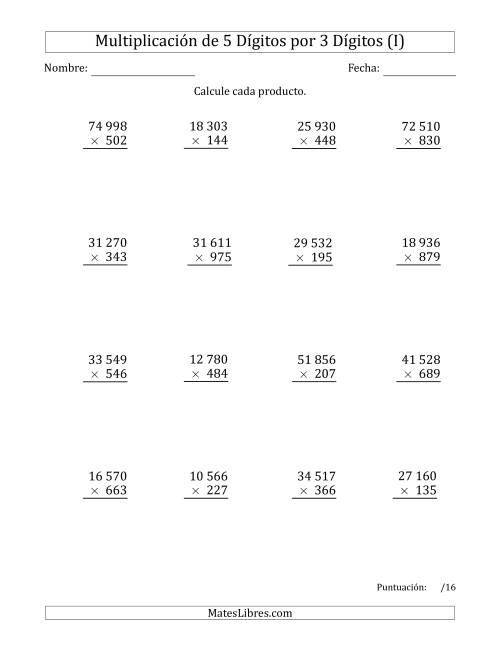 La hoja de ejercicios de Multiplicar Números de 5 Dígitos por 3 Dígitos Usando Espacios como Separadores de Millares (I)