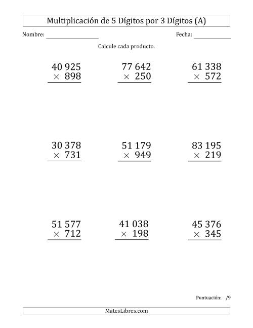 La hoja de ejercicios de Multiplicar Números de 5 Dígitos por 3 Dígitos (Formato Grande) Usando Espacios como Separadores de Millares (A)