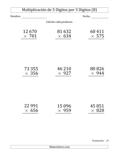 La hoja de ejercicios de Multiplicar Números de 5 Dígitos por 3 Dígitos (Formato Grande) Usando Espacios como Separadores de Millares (B)