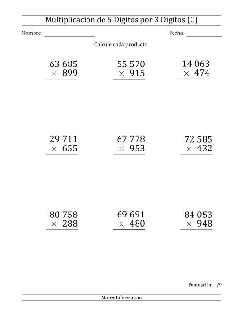 La hoja de ejercicios de Multiplicar Números de 5 Dígitos por 3 Dígitos (Formato Grande) Usando Espacios como Separadores de Millares (C)