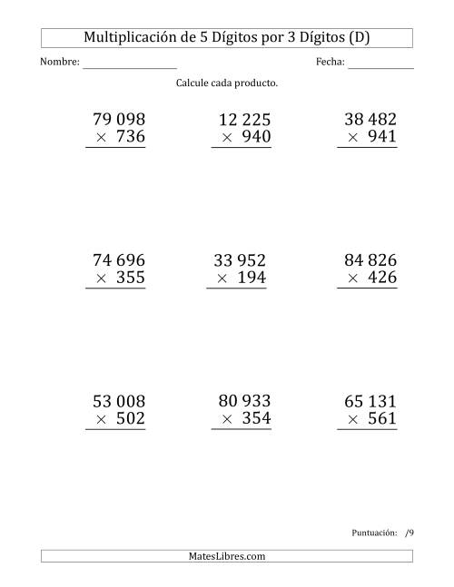 La hoja de ejercicios de Multiplicar Números de 5 Dígitos por 3 Dígitos (Formato Grande) Usando Espacios como Separadores de Millares (D)