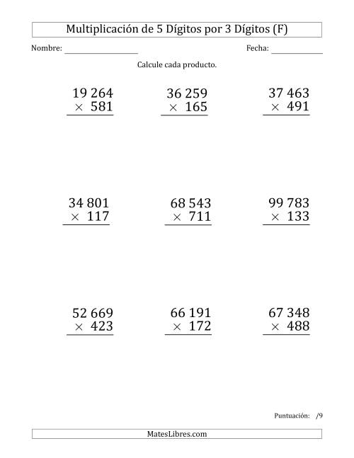 La hoja de ejercicios de Multiplicar Números de 5 Dígitos por 3 Dígitos (Formato Grande) Usando Espacios como Separadores de Millares (F)