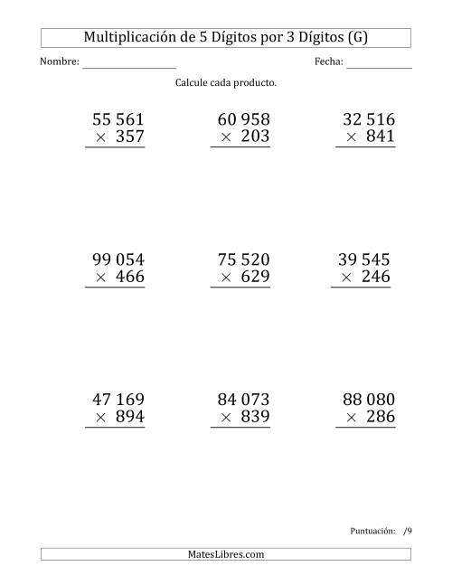 La hoja de ejercicios de Multiplicar Números de 5 Dígitos por 3 Dígitos (Formato Grande) Usando Espacios como Separadores de Millares (G)