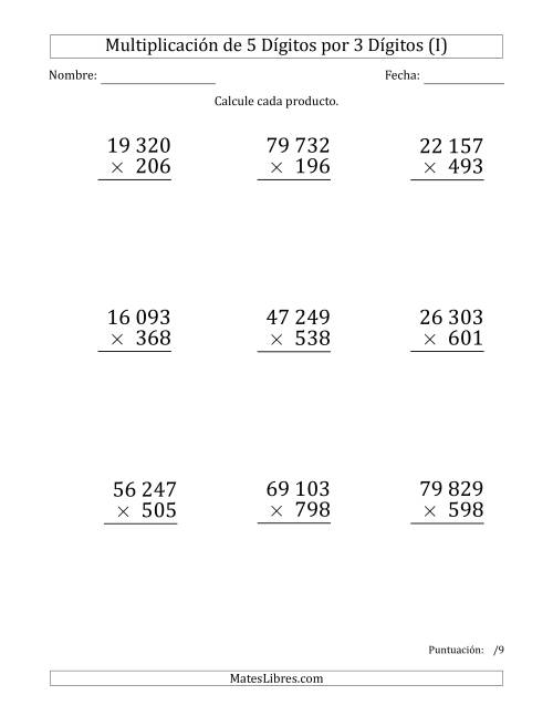 La hoja de ejercicios de Multiplicar Números de 5 Dígitos por 3 Dígitos (Formato Grande) Usando Espacios como Separadores de Millares (I)