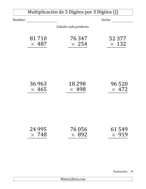 La hoja de ejercicios de Multiplicar Números de 5 Dígitos por 3 Dígitos (Formato Grande) Usando Espacios como Separadores de Millares (J)